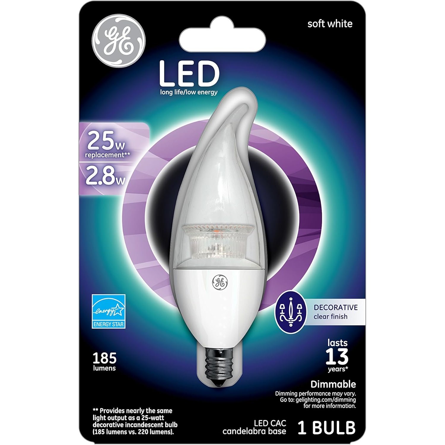 LED3/CAC/C3/OT GE Brand 39694 CLEAR  2.8 Watt 185 Lumens E12 Base - LED3/CAC/C3/OT - Norman Lamps