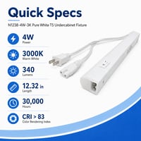 12-Inch Linkable LED Under Cabinet Light Fixture – 4W, 3000K Warm-White, 340 Lumens – N1238-4W-3K 12-Inch Linkable LED Under Cabinet Light Fixture – 4W, 3000K Warm-White, 340 Lumens – N1238-4W-3K - N1238-4W-3K - Norman Lamps