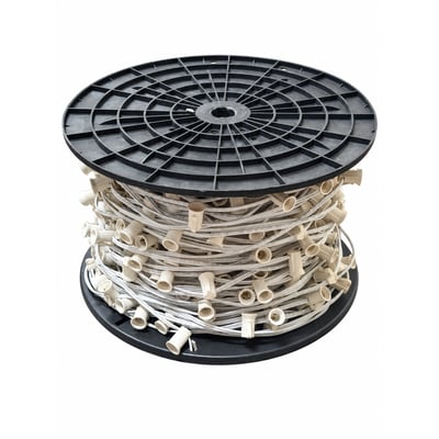 500 ft. E12 Candelabra Base String Light Cord White Wire 12 in. Socket Spacing No End Plugs E12/W/50012 500 ft. E12 Candelabra Base String Light Cord White Wire 12 in. Socket Spacing No End Plugs E12/W/50012 - Norman Lamps